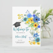 Invitation de graduation Boho Jaune & Bleu Floral (Debout devant)