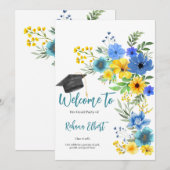 Invitation de graduation Boho Jaune & Bleu Floral (Devant / Derrière)
