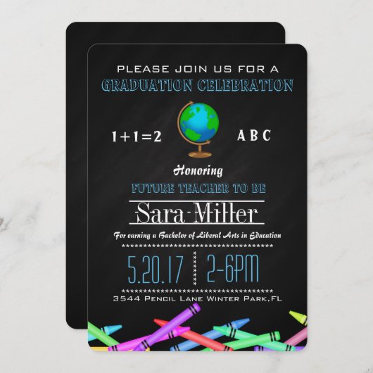 Invitation de graduation Crayon & Globe (Devant / Derrière)