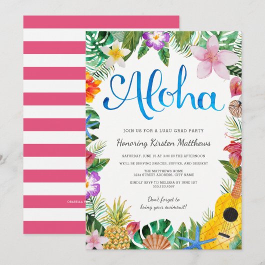 Invitation de graduation de fête luau tropicale à (Devant / Derrière)