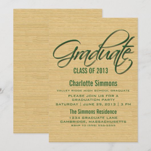 Invitation de graduation de script rustique vert (Devant / Derrière)