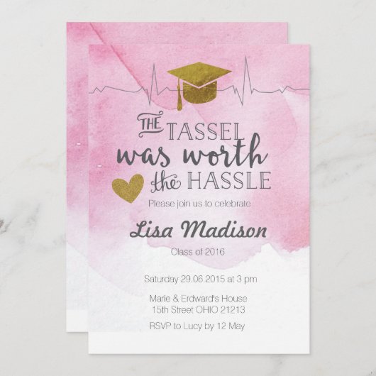 Invitation de graduation d'infirmière rose et or (Devant / Derrière)