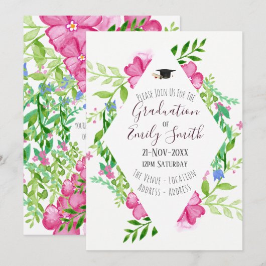 Invitation de graduation Floral Aquarelle Fille de (Devant / Derrière)