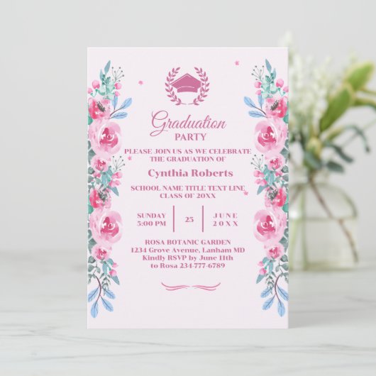 Invitation de graduation florale rose (Debout devant)