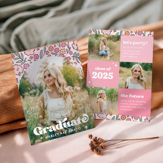 Invitation de graduation florale rose