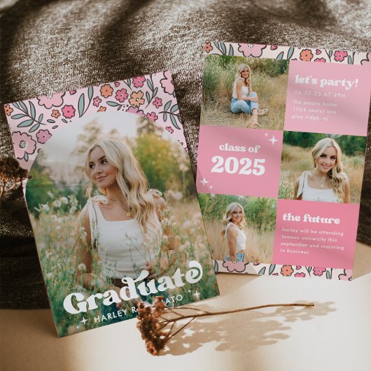 Invitation de graduation florale rose