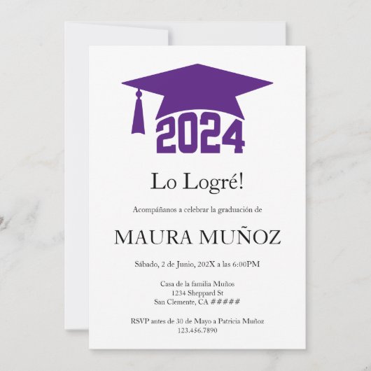 Invitation de graduation minimaliste violet (Devant)