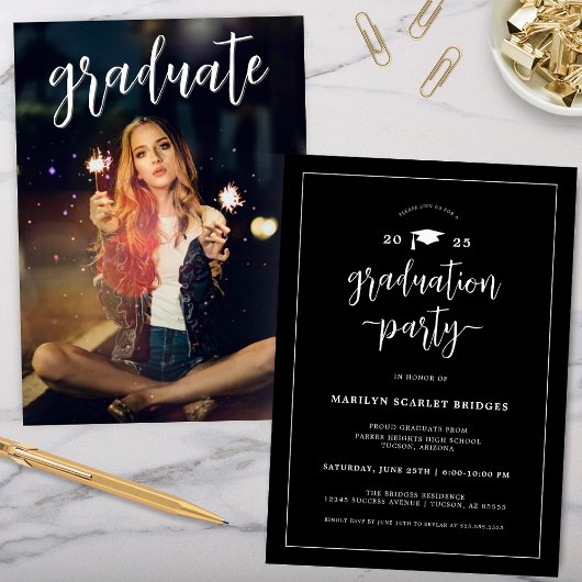 Invitation de graduation moderne chic noir et blan