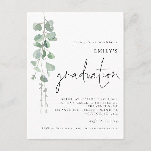 Invitation de graduation moderne Eucalyptus Script (Devant)