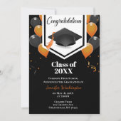 Invitation de graduation Orange et confetti noir (Devant)