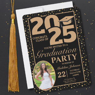 Invitation de graduation photo Black and Gold 2025