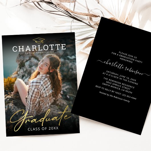 Invitation de Graduation Photo Black Gold moderne