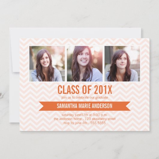 Invitation de graduation photo Chevron 3 - Orange (Devant)