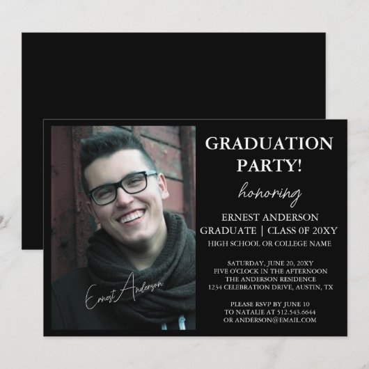 Invitation de graduation photo en noir et blanc mo (Devant / Derrière)