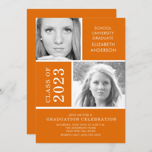 Invitation de Graduation Photo Orange Moderne (Devant / Derrière)
