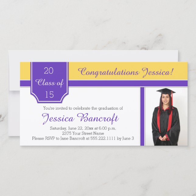 Invitation de graduation photo violet et or (Devant)