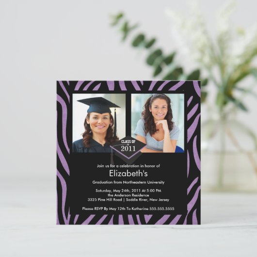 Invitation de graduation photo Zebra Purple Imprim (Debout devant)