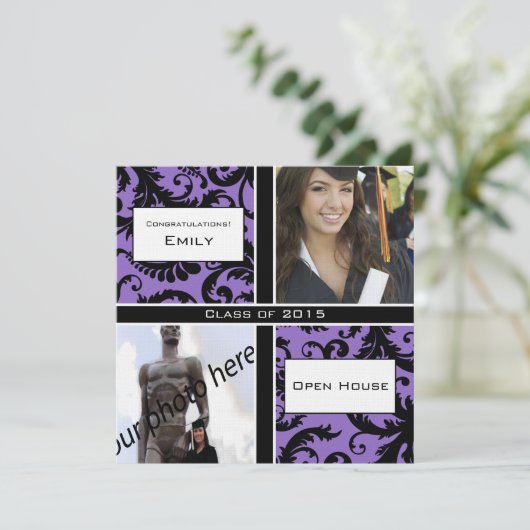 Invitation de graduation pourpre & noir Damask (Debout devant)
