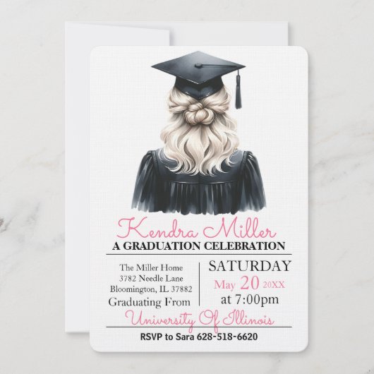 Invitation de graduation rose et noir Aquarelle (Devant)