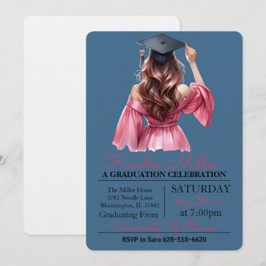 Invitation de graduation rose et noir Aquarelle (Devant / Derrière)