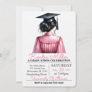 Invitation de graduation rose et noir Aquarelle