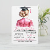 Invitation de graduation rose et noir Aquarelle (Debout devant)