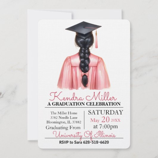 Invitation de graduation rose et noir Aquarelle (Devant)