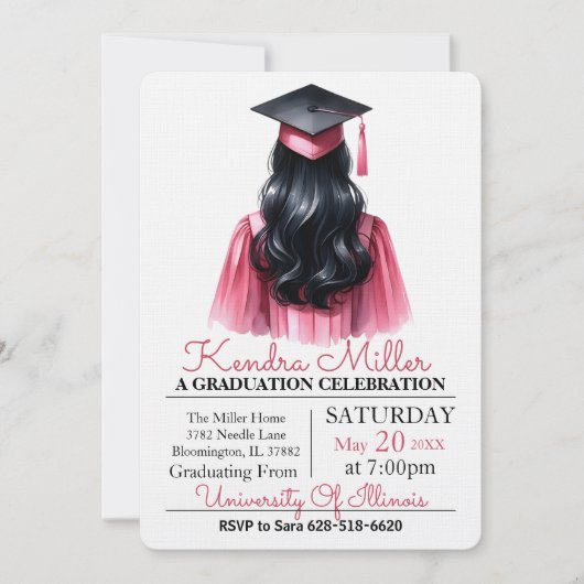 Invitation de graduation rose et noir Aquarelle (Devant)