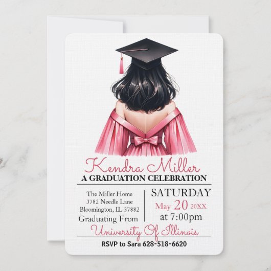 Invitation de graduation rose et noir Aquarelle (Devant)