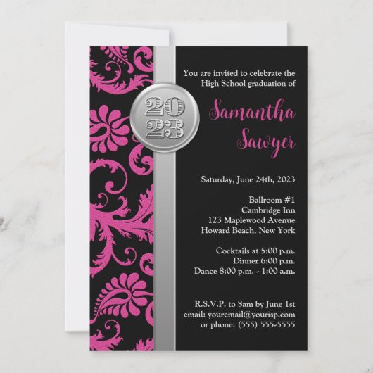 Invitation de graduation rose, noir et argent (Devant)