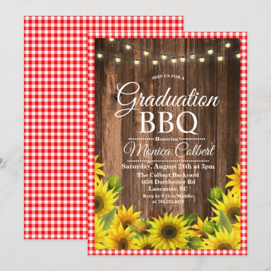Invitation de graduation rustique BBQ tournesol (Devant / Derrière)