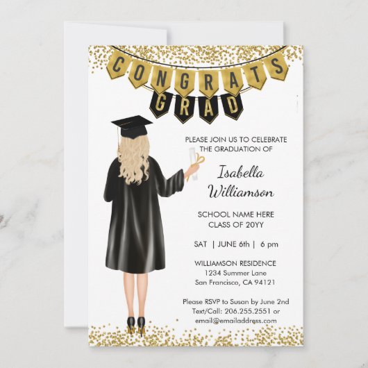 Invitation de graduation unique cheveux blonds (Devant)
