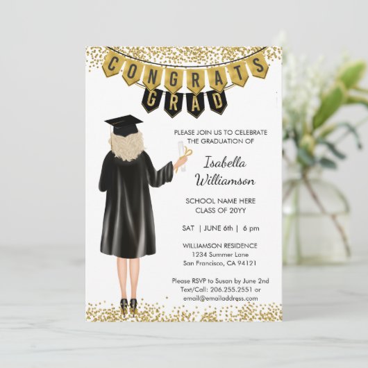 Invitation de graduation unique cheveux blonds (Debout devant)