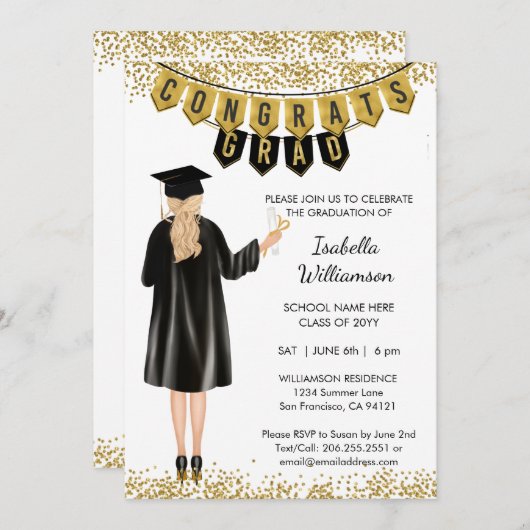 Invitation de graduation unique cheveux blonds (Devant / Derrière)