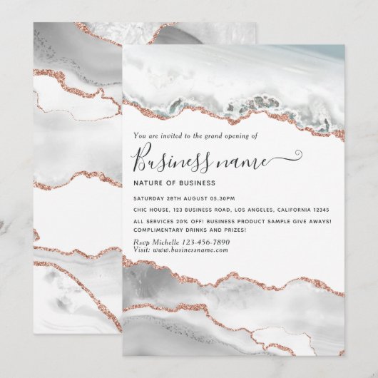 Invitation de grand ouverture en agate or rose et  (Devant / Derrière)