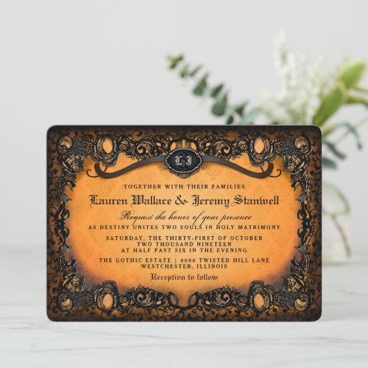 Invitation De Halloween de mariage de RÉCEPTION DOS noir (Debout devant)