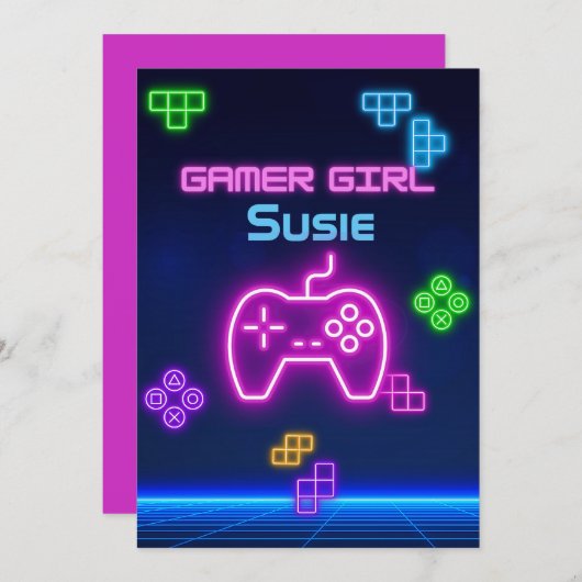 Invitation de jeu néon rose, bleu, jaune pour joue (Devant / Derrière)