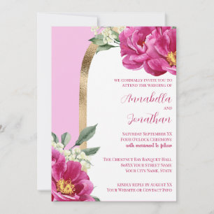 Invitation De jolies pivoines roses avec de l'or sur un maria