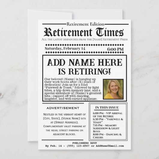 Invitation de journal « Retirement Times » vintage (Devant)