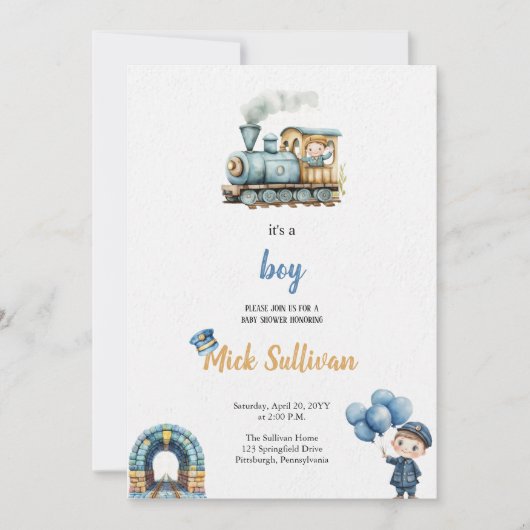 INVITATION DE LA BABYSHOWE DU TRAIN WATERCOLOR (Devant)