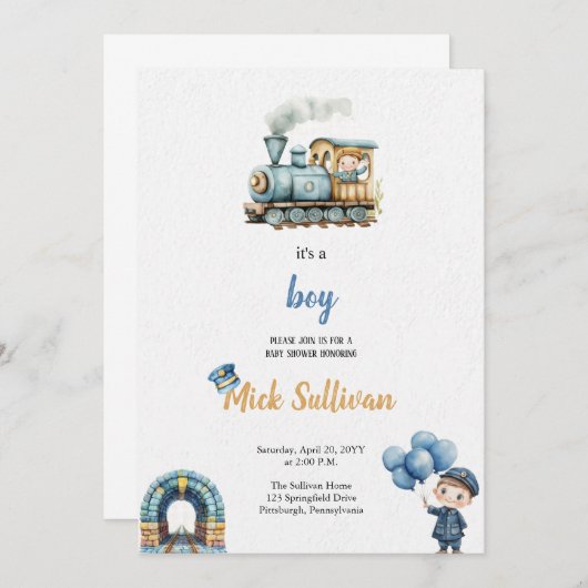 INVITATION DE LA BABYSHOWE DU TRAIN WATERCOLOR (Devant / Derrière)