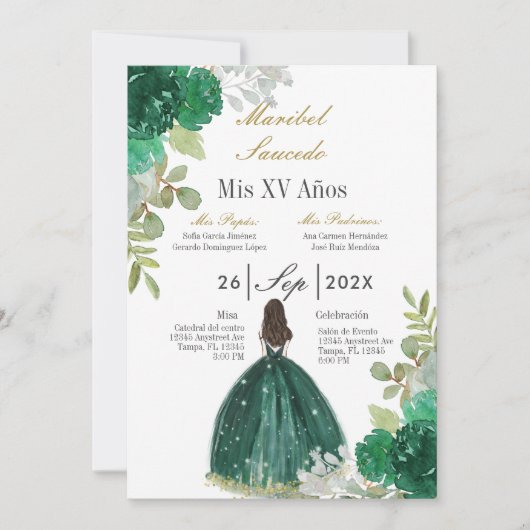 Invitation de la costume verte quinceañera (Devant)