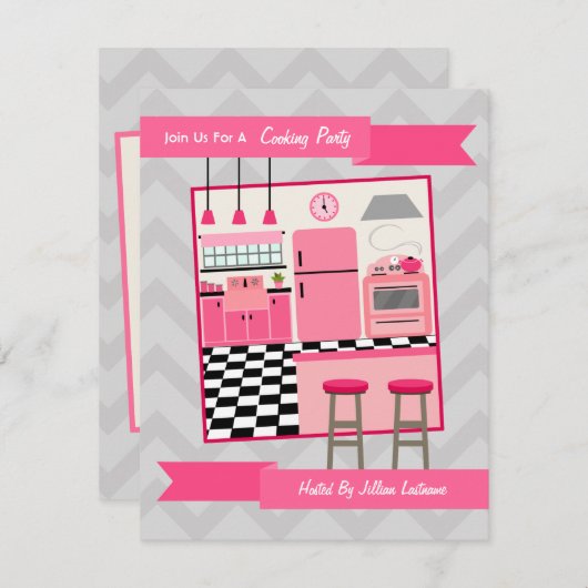Invitation de la Cuisine Retro Pink Kitchen (Devant / Derrière)
