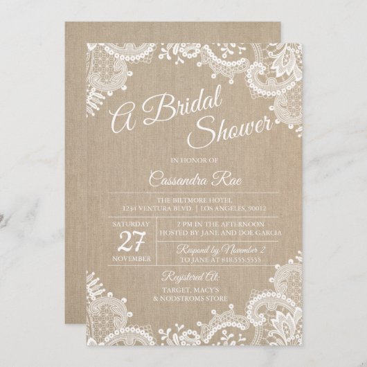 Invitation de la douche nuptiale Burlap et dentell (Devant / Derrière)