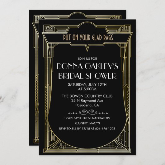 Invitation de la douche nuptiale Gatsby Art Déco (Devant / Derrière)