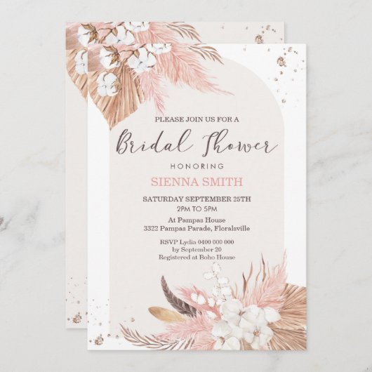 Invitation de la douche nuptiale Pampas Boho Arch (Devant / Derrière)