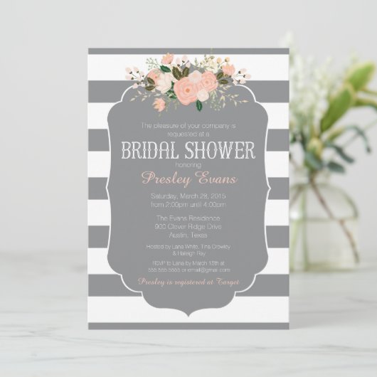 Invitation de la douche nuptiale, rayure grise pêc (Debout devant)