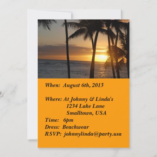 Invitation de la fête à thème hawaïenne (Dos)