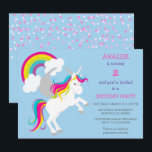 Invitation de la fête Anniversaire de enfant de la<br><div class="desc">Une mignonne licorne blanche avec crinière et queue rayées rose, bleu et jaune s'avancera joyeusement sur le devant de cette amusante invitation de fête d'anniversaire. Derrière la licorne se trouve un arc-en-ciel assorti entre deux nuages blancs. Votre texte personnalisé est en rose et bleu foncé à droite des images. Tout...</div>