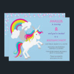 Invitation de la fête Anniversaire de enfant de la<br><div class="desc">Une mignonne licorne blanche avec crinière et queue rayées rose, bleu et jaune s'avancera joyeusement sur le devant de cette amusante invitation de fête d'anniversaire. Derrière la licorne se trouve un arc-en-ciel assorti entre deux nuages blancs. Votre texte personnalisé est en rose et bleu foncé à droite des images. Tout...</div>